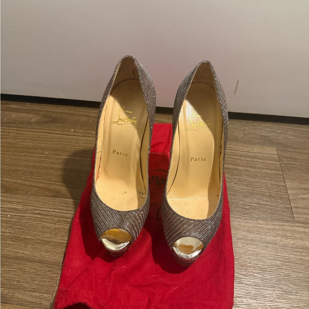 Christian Louboutin Glittering Silver Peep-Toe Heels